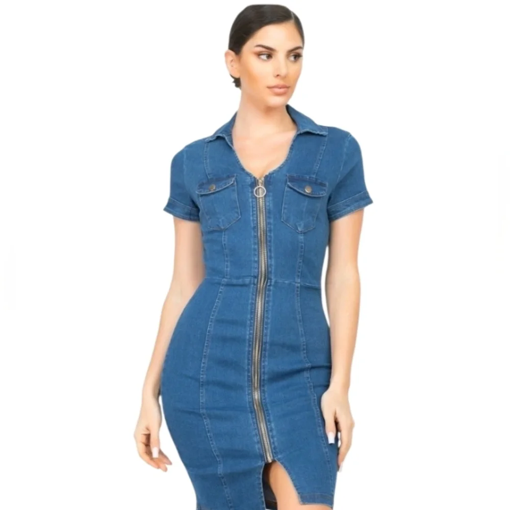 NEW zip front stretch denim mini dress size S - Picture 1 of 8